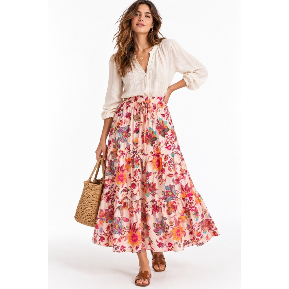 41 Hawthorn Pink Floral Tiered A-Line Midi Skirt Cotton NWT Medium